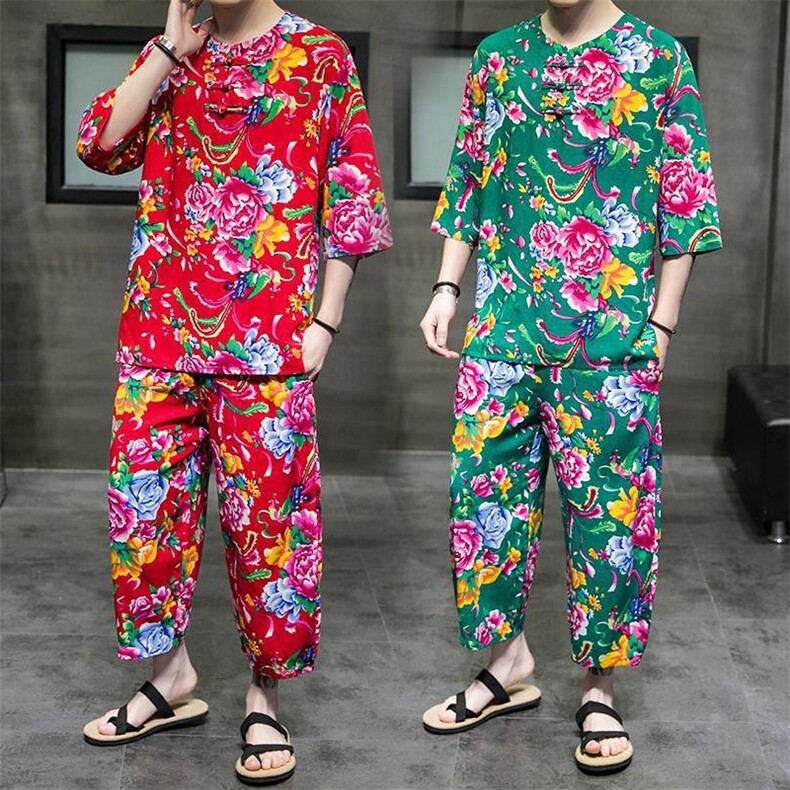 TZ340男女休闲东北大花棉麻套装薄纱透气可睡衣团队服凉爽,男装休闲套装,星座115A(原星座507）