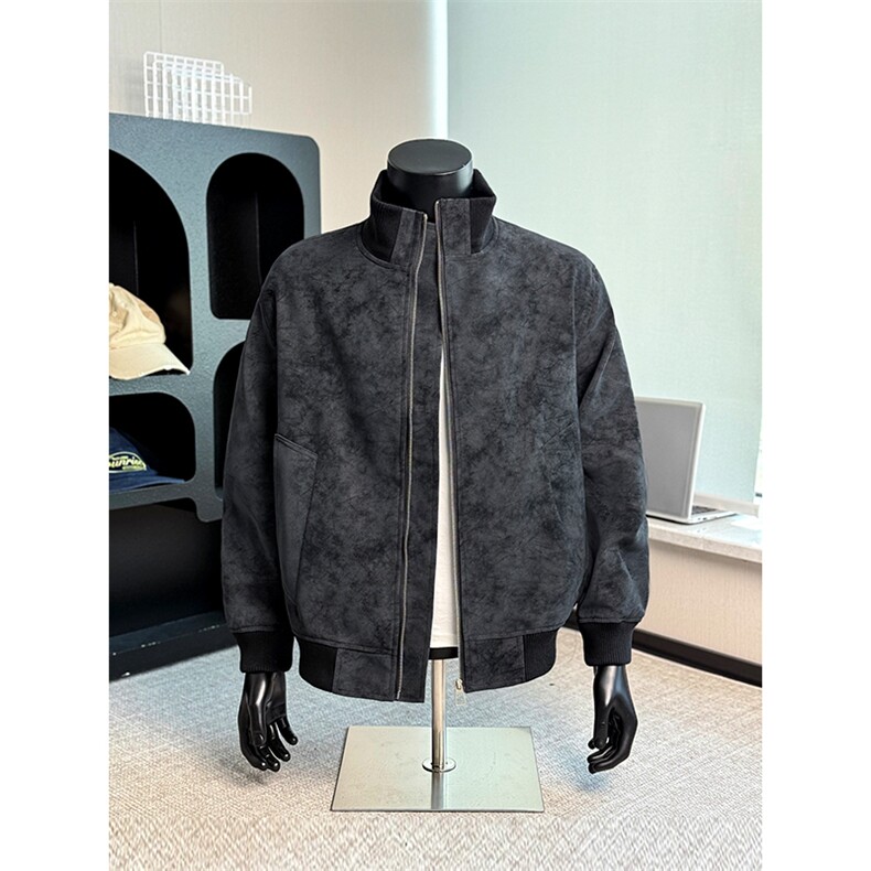潮牌复古扎染PU皮夹克男外套痞帅立领工装棒球服25XJ55259特批60,男装夹克,电商A042