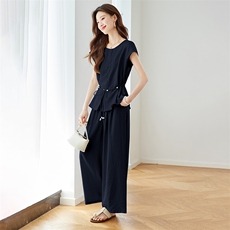 简约休闲松弛感套装女2025夏新款超火巨好看收腰衬衫阔腿裤两件套，女装套装/套裙，慕咨