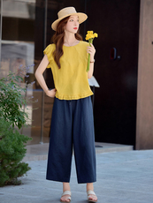 2026新款天丝苎麻短袖夏季女圆领黄衬衫两件套时尚休闲九分裤套装，女装衬衫，梦懿尔