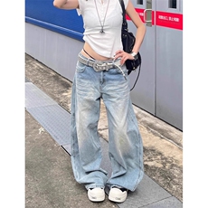 美式复古口袋刺绣牛仔裤宽松高腰显瘦阔腿裤拖地长裤男女N26，男装牛仔裤，星座1116A（原606A-3）