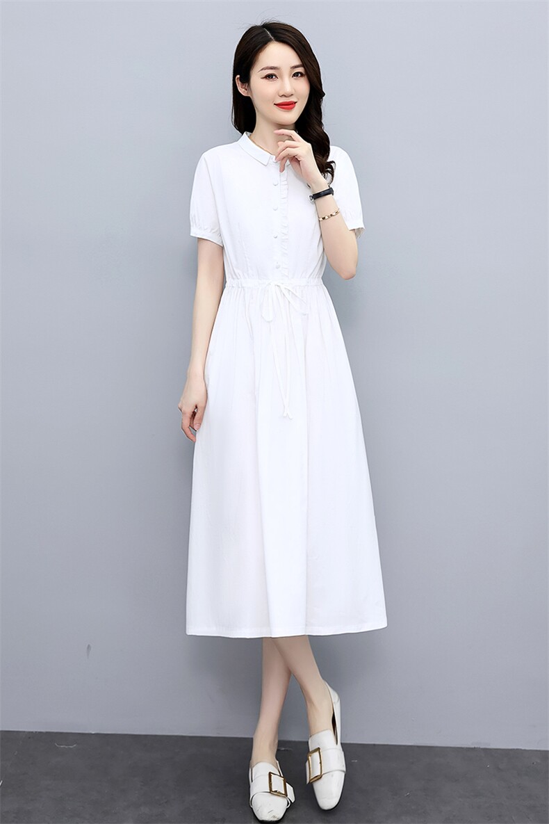高档纯棉短袖连衣裙女夏季新款收腰显瘦薄款洋气减龄衬衫裙子,女装连衣裙,倪叶myz