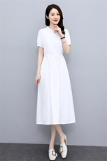 高档纯棉短袖连衣裙女夏季新款收腰显瘦薄款洋气减龄衬衫裙子，女装连衣裙，倪叶myz