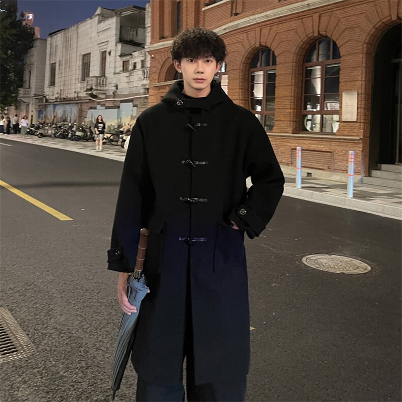 秋冬牛角扣连帽毛呢大衣男高级宽松风衣外套MN00706/P125加棉P135，男装风衣，电商B316