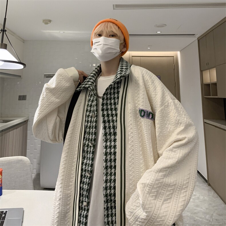 学院风夹克男女假两件格子外套ins宽松情侣装上衣JK093-P58,男装夹克,星座308B-1