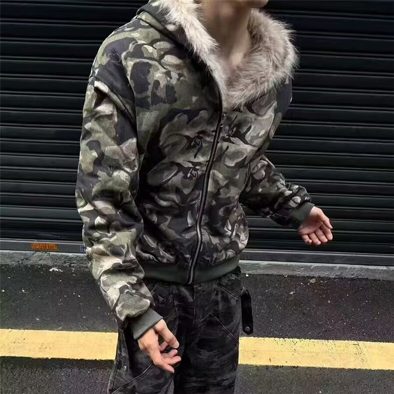 2025迷彩棒球服bomber重磅水洗人工破坏连帽飞行员夹克棉服图片