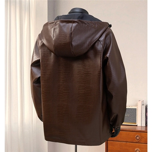 港风模特连帽鳄鱼纹PU皮衣大码M-5XL冲锋衣夹克男JK8744P90控128图片