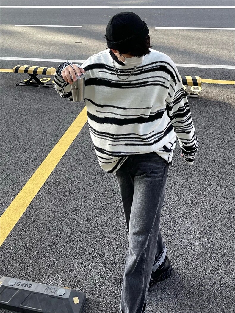 现货！不规则条纹毛衣慵懒高级设计感小众针织衫外套RA339-P75,男装针织衫/毛衣,星座1005-6