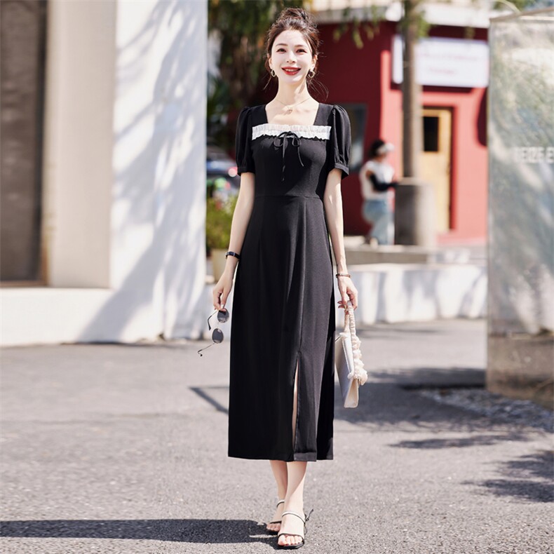 GW大码女装法式黑色连衣裙2025夏季新款复古气质收腰显瘦中长裙子,女装连衣裙,米雪儿
