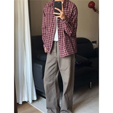 美式复古红色格子衬衫外套男女宽松衬衣休闲新款CS216-P51，男装衬衫，星座208-5