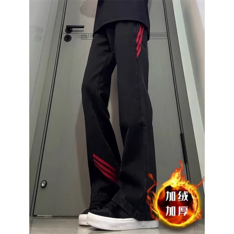 斜杠三条纹红黑撞色拼接休闲长裤加绒加厚直筒牛仔裤K8003P48网图,男装牛仔裤,电商B245