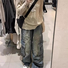 美式复古牛仔工装裤女早秋季新款小个子直筒裤宽松显瘦微喇叭裤子，男装工装外套，星座506A