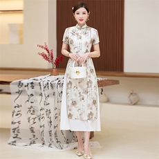24年春夏季新款时尚盘扣中长款专柜品质旗袍日常奥黛连衣裙，女装汉服/婚纱/旗袍/礼服，小荷流