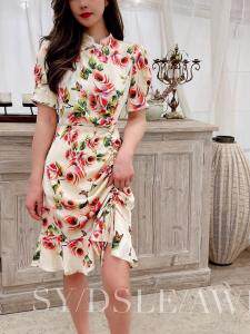 【92069】下摆抽绳碎花旗袍款连衣裙，女装婚纱/旗袍/礼服，迪盛靓点