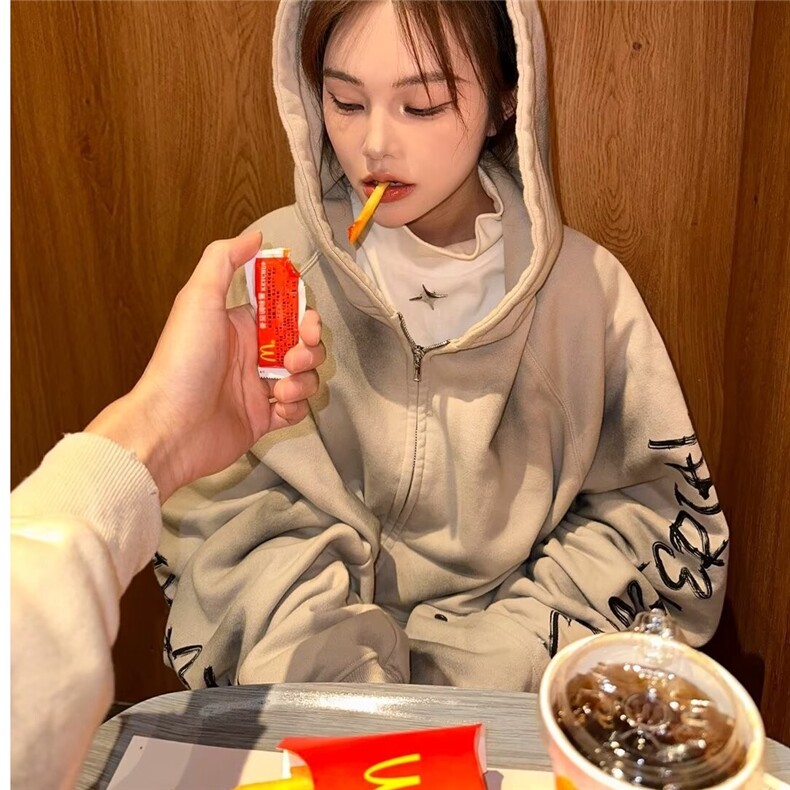 新款潮流美式复古擦脏废土风涂鸦连帽卫衣男秋冬款潮牌情侣装帽衫,男装卫衣,星座218-1（原230）