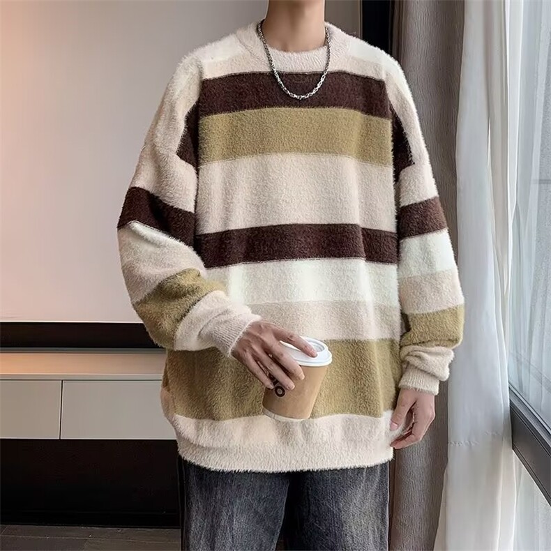 慵懒风情侣条纹毛衣男秋冬季日系男圆领针织衫内搭撞色情侣线衫,男装针织衫/毛衣,星座1013