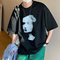 新款男士宽松港风人脸抽象印花大码T恤A071-5520-P28，男装T恤，电商A071