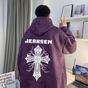 美式高街麂皮绒宽松落肩连帽卫衣十字架印花JK23382特批43-控69图片
