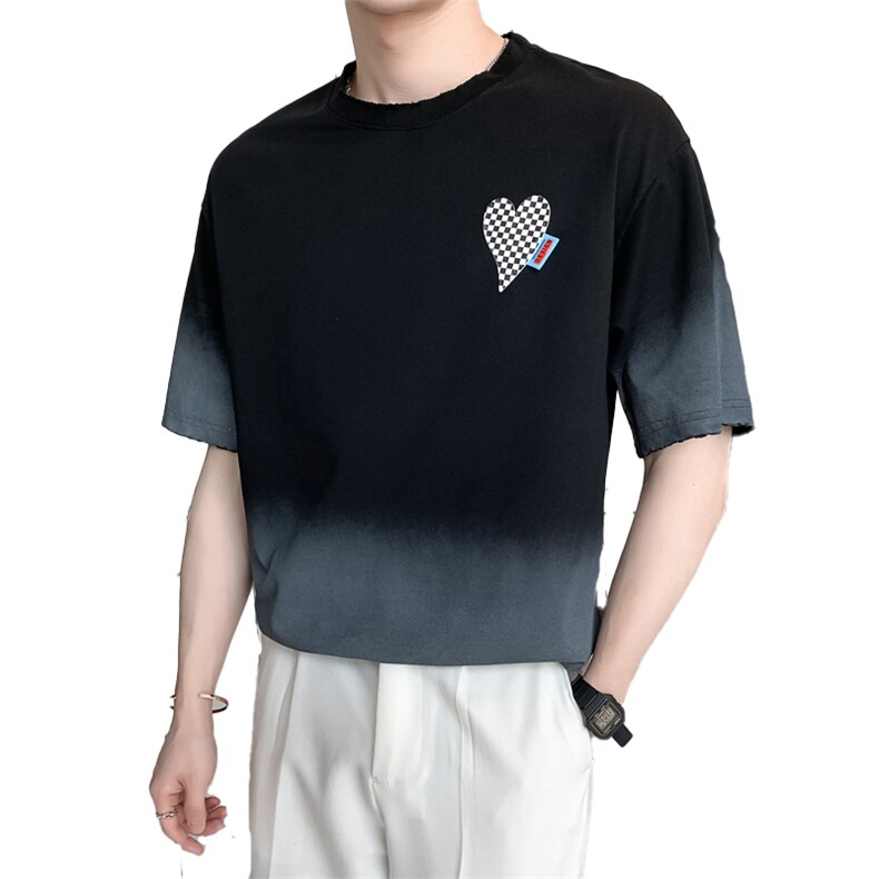 2024新款轻奢风吊染磨边休闲宽松渐变圆领短袖T恤潮男8860-p55,男装T恤,电商D303