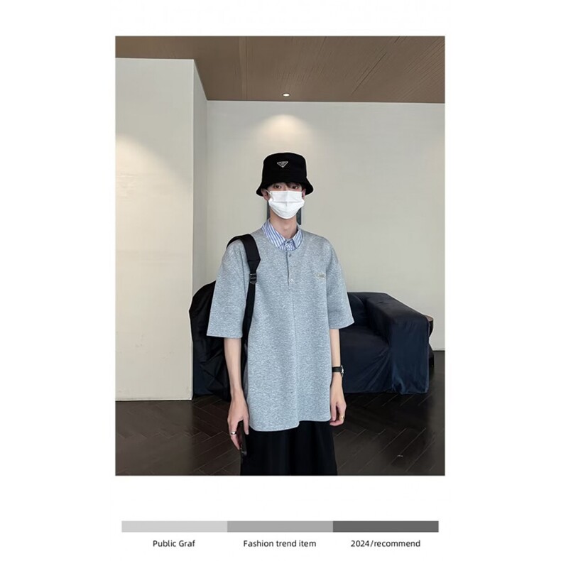 网络图现货！条纹翻领拼接假两件POLO衫潮牌半袖T恤R6807-P50图片