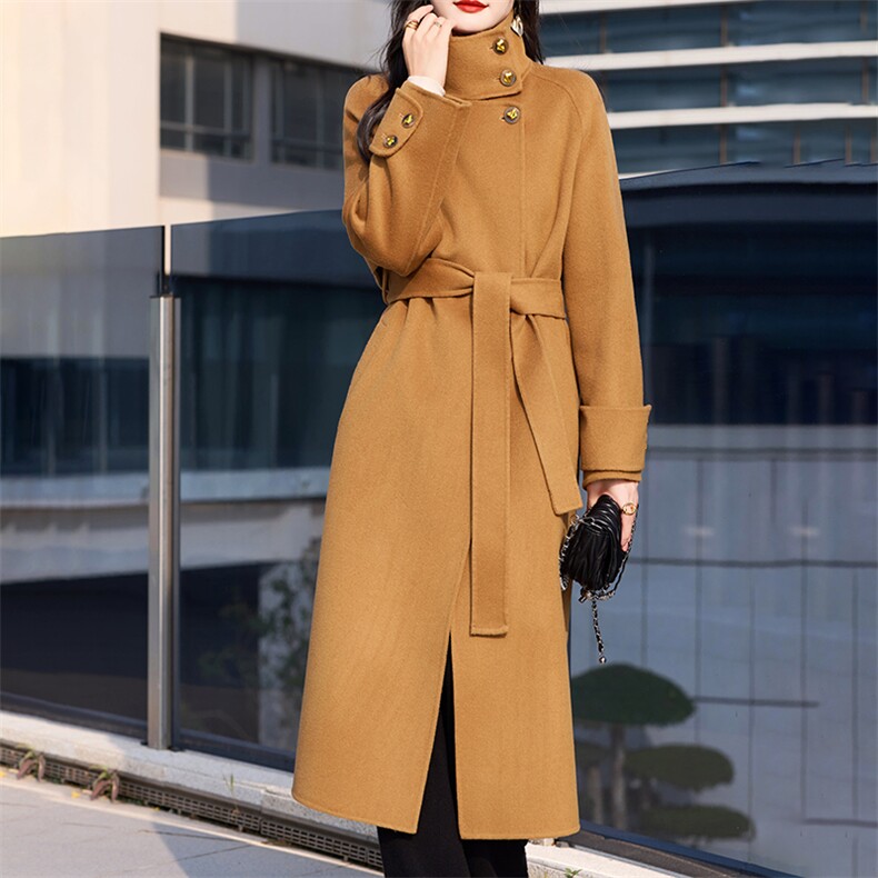 时尚潮流2024年秋季长款纯色长袖羊毛双面呢大衣，女装双面呢大衣，亿美羊绒