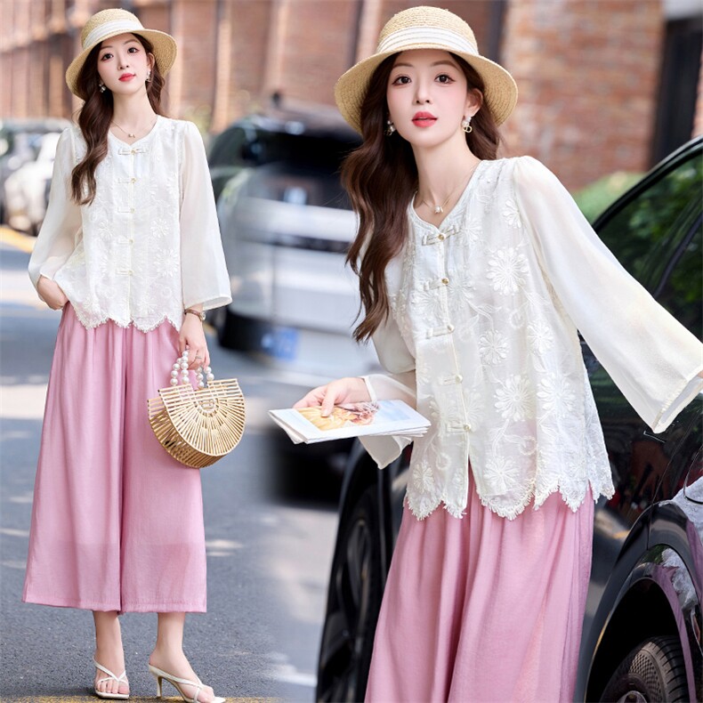 中式喇叭袖防嗮提花衬衫高级感立领七分袖薄款天丝开衫女宽松型，女装衬衫，木橙西子