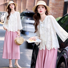 中式喇叭袖防嗮提花衬衫高级感立领七分袖薄款天丝开衫女宽松型，女装衬衫，木橙西子