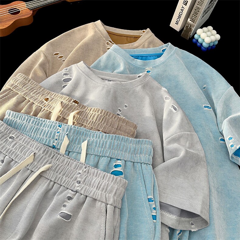 美式破洞短袖T恤套装上衣T3650特P33控68-裤子DK8647特P34控68图片