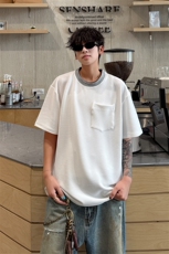 春夏韩系极简老钱风拼色阔版重磅短袖T恤男休闲短袖短袖撞色特P35，男装T恤，电商B319