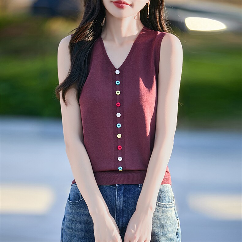 2025夏设计感彩扣冰丝针织吊带背心女内搭外穿V领无袖坎肩上衣T恤,针织衫/毛衣,思牵羊绒