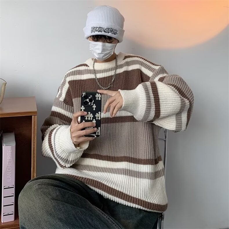 秋冬季毛衣男宽松设计感条纹撞色打底衫线衣潮牌针织衫L99788-p45,男装针织衫/毛衣,星座1008