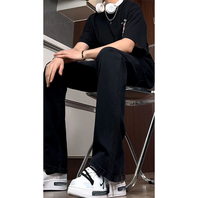 B221美式ins高街暗黑纯色修身弹力牛仔裤LK24160-特P30控49，男装牛仔裤，电商B221