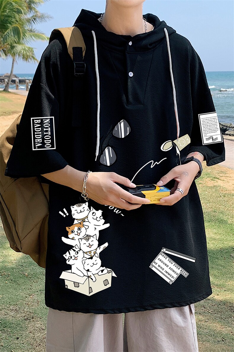 LD54115-P45连帽短袖t恤男大码胖子带帽五分袖中袖,男装T恤,电商A040