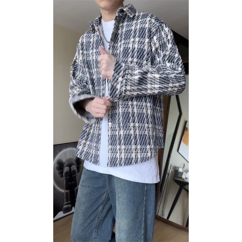 GENIOLAMODE春秋季男格子撞色翻领衬衫外套痞帅百搭宽松情侣休闲,男装夹克,星座217-2