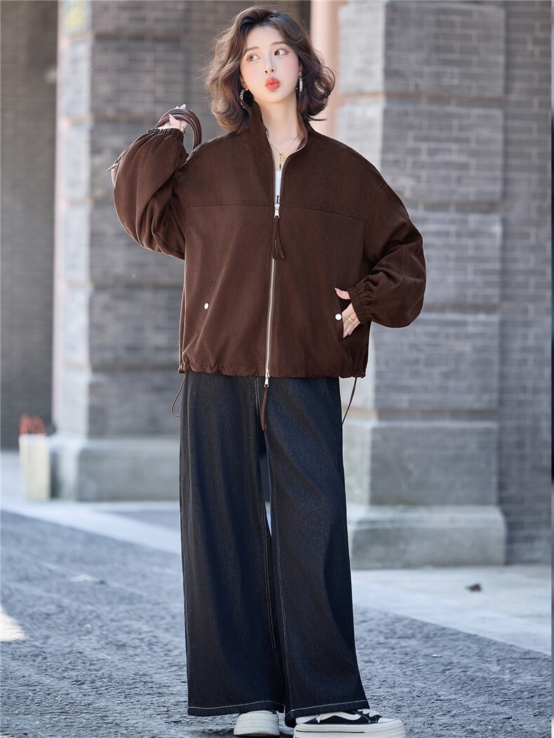 咖色美式复古立领麂皮绒外套女2026早春新款韩版宽松百搭短款夹克,女装短外套,梦懿尔