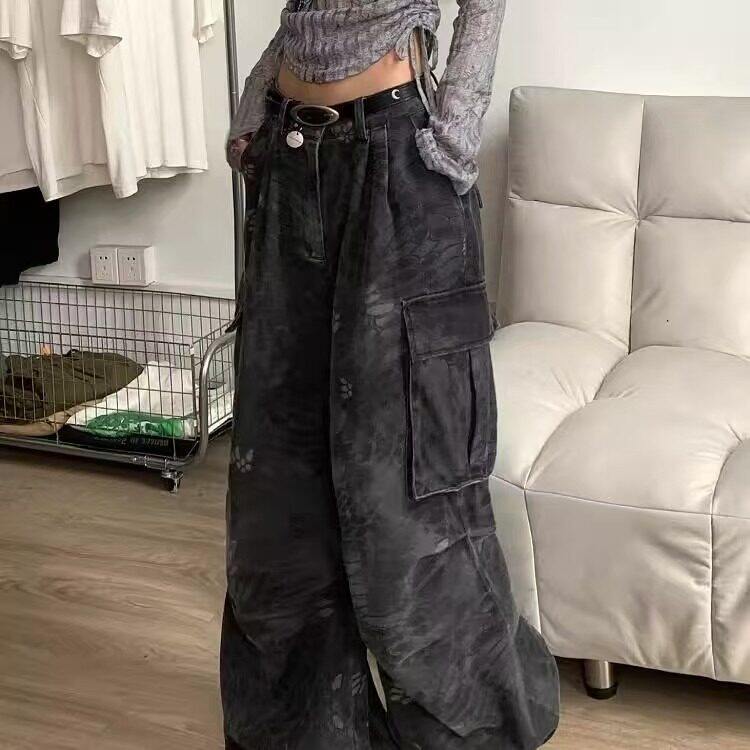 美式复古迷彩蛇纹工装牛仔裤高街辣妹宽松直筒阔腿拖地裤 NA1986图片