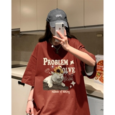 慵懒风小猫咪印花休闲宽松打底衫美式vibe纯棉短袖T恤HY574TP20，男装T恤，电商A102B