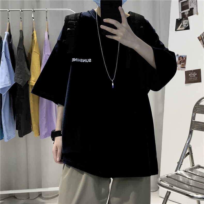 T06常年款男士休闲字母印花T恤衫外套圆领半袖五分袖TEE男女中性图片