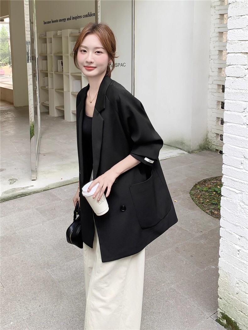 休闲薄款西服黑色翻领宽松西装外套秋,女装西装,2C033