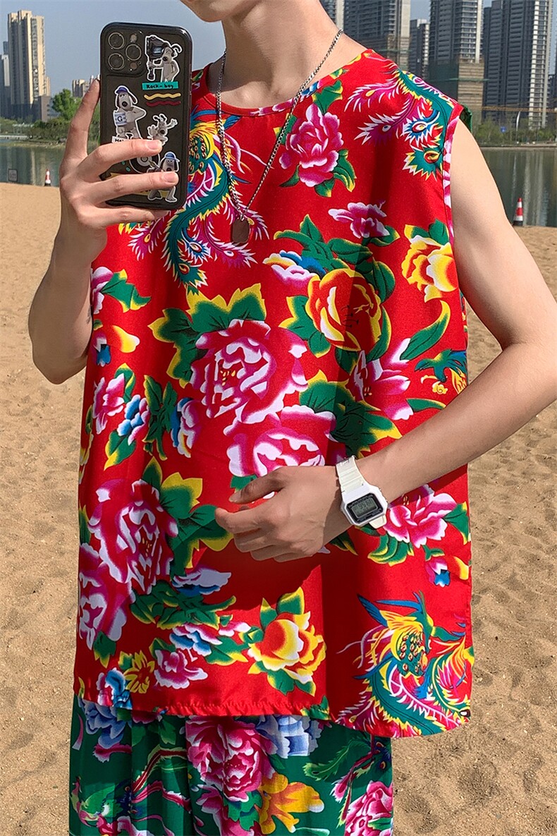 夏季大码东北大花布男背心坎肩运动马甲男装风民族牡丹花MJ01,男装背心/马甲,星座115A(原星座507）