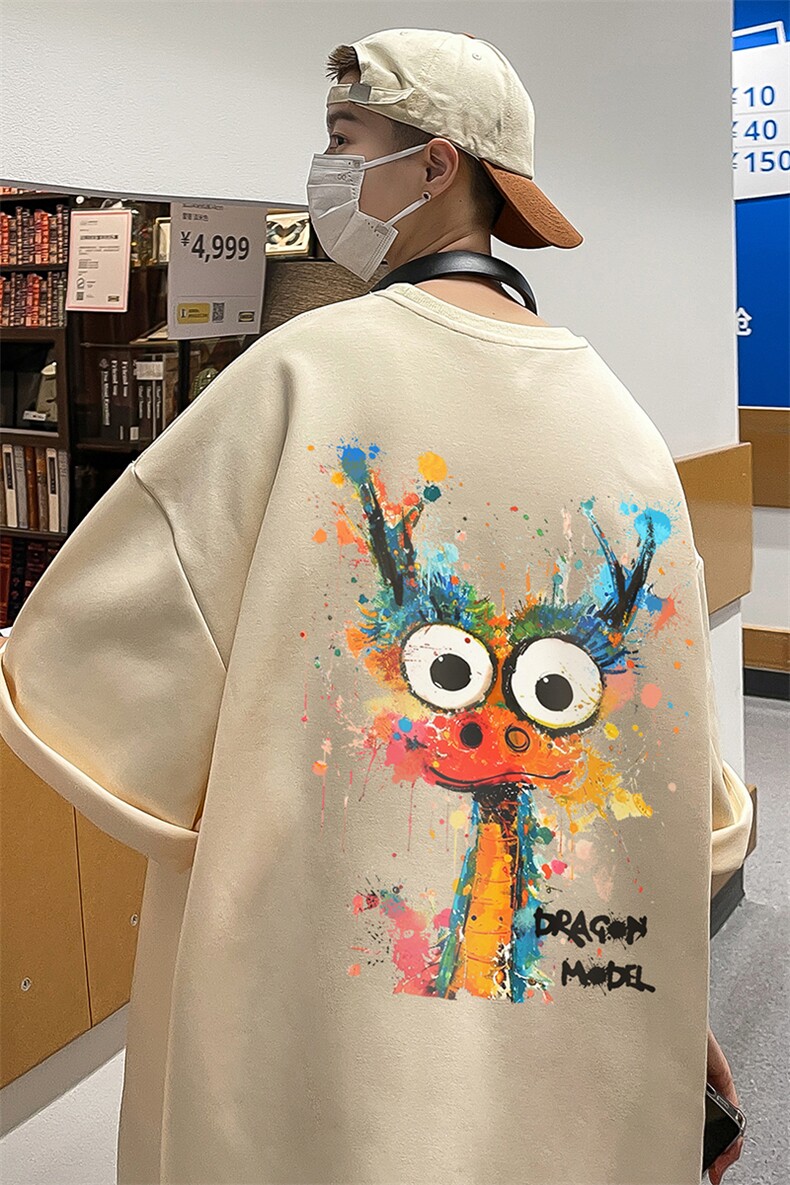 港风24夏款个性百搭小龙印花圆领短袖T恤T61122P25控38,男装T恤,电商A268A