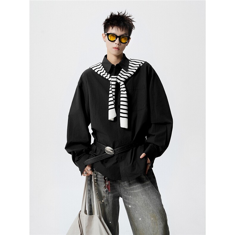 可二开无影墙可拆卸条纹披肩大码M-5XL长袖衬衫男CS78102P45控68，男装衬衫，星座227-7