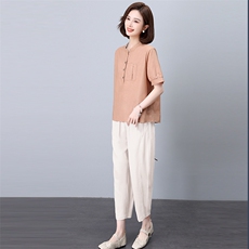 棉麻套装女2025新款夏装搭配一整套时尚微胖穿搭妈妈小个子两件套，女装套装/套裙，悦见她