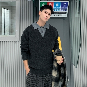 美式潮牌假两件针织衫高级感痞帅百搭秋冬时尚宽松毛衣男图片