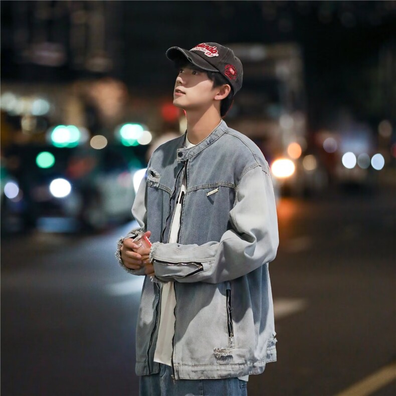 美式潮牌复古渐变水洗牛仔外套男设计感拉链装饰工装夹克H54/P75,男装夹克,星座506