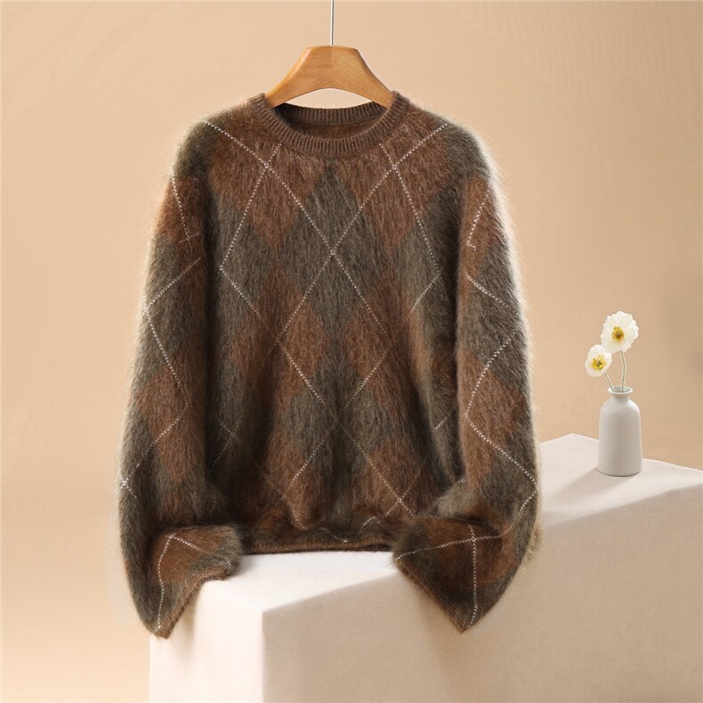 2025年秋季宽松型通勤套头单件长袖大阔版菱格圆领套头，女装羊绒衫，英集羊绒