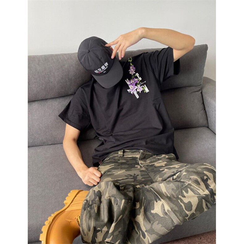 潮牌嘻哈花卉美式复古重磅圆领短袖T恤男款痞帅宽松上衣TW36,男装T恤,星座1116A（原606A-3）