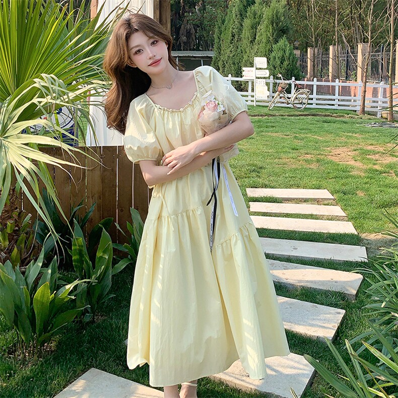 黄色甜美减龄初恋少女桔梗a字裙新款茶歇绝美超仙别致连衣裙女夏,女装连衣裙,2C125