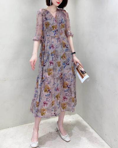 真丝印花连衣裙，女装连衣裙，奥莎