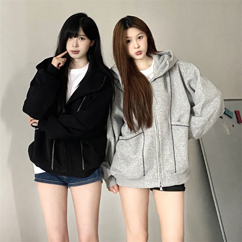 抖音得物高品质秋冬美式高街重磅结构辑明线纹理连帽卫衣外套W111,男装卫衣,电商A486